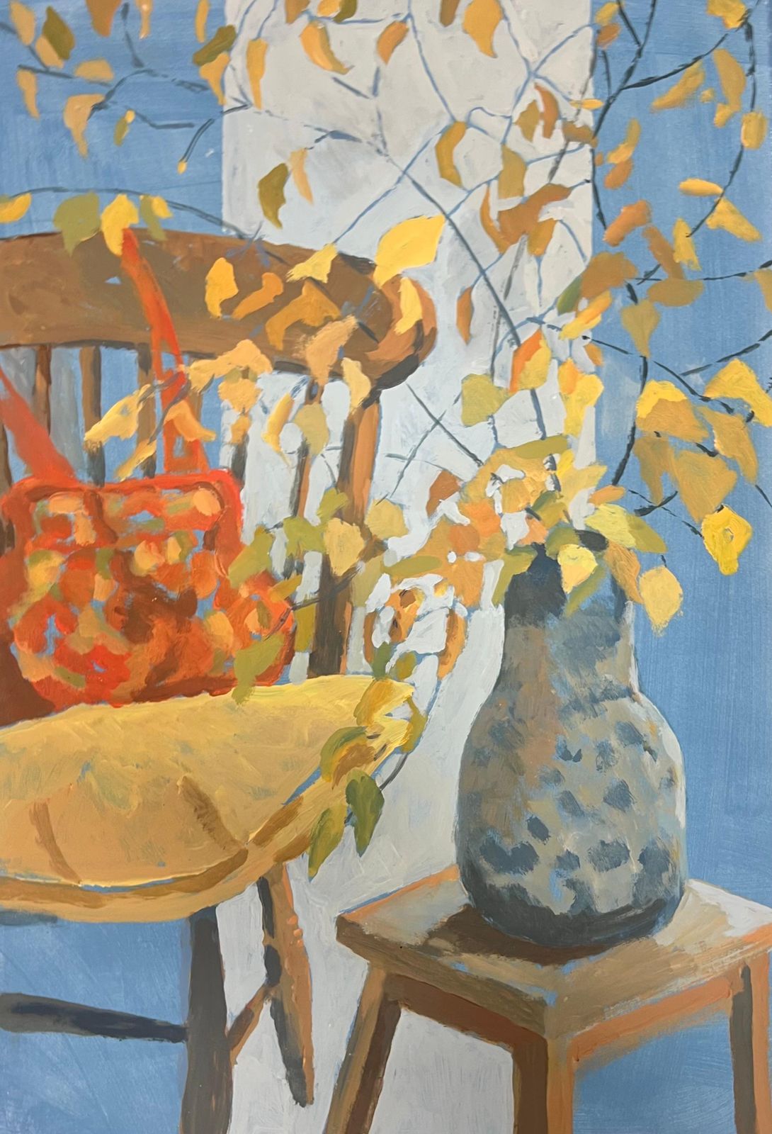 Guy Nicodstill Life With Autumn Leaves Chair And Decorative Pot French Oil1952 photo for sale