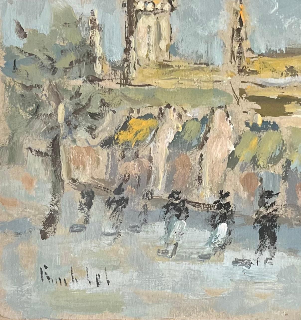 Fanch Lelfrench Impressionist Oil Painting Of Village Scene With Figures And Buildings2002 photo for sale