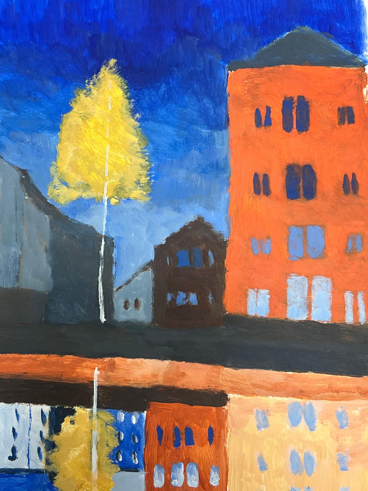 Jill Jacksona Yellow Tree Illuminating The Dark City With Bold Architecture British Oil photo for sale
