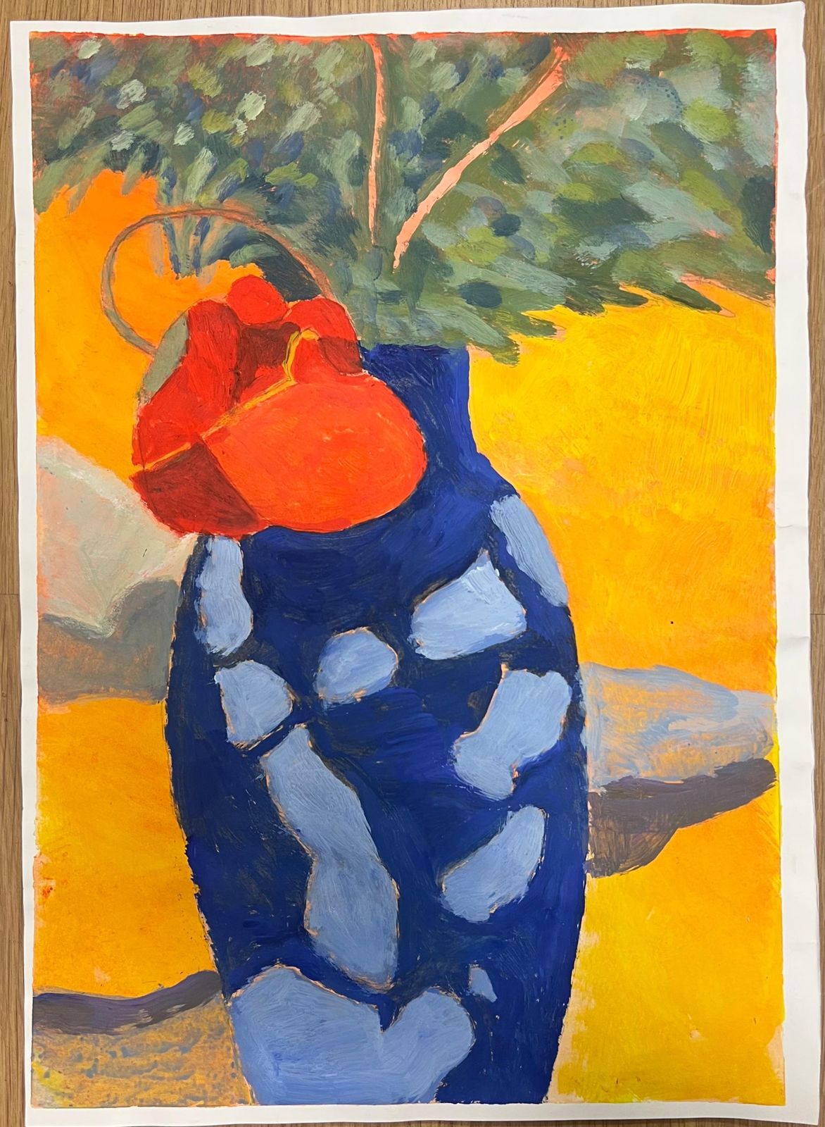 Jill Jacksonbold Blue Vase With Red Flower On A Vibrant Yellow Background British Oil photo furniture