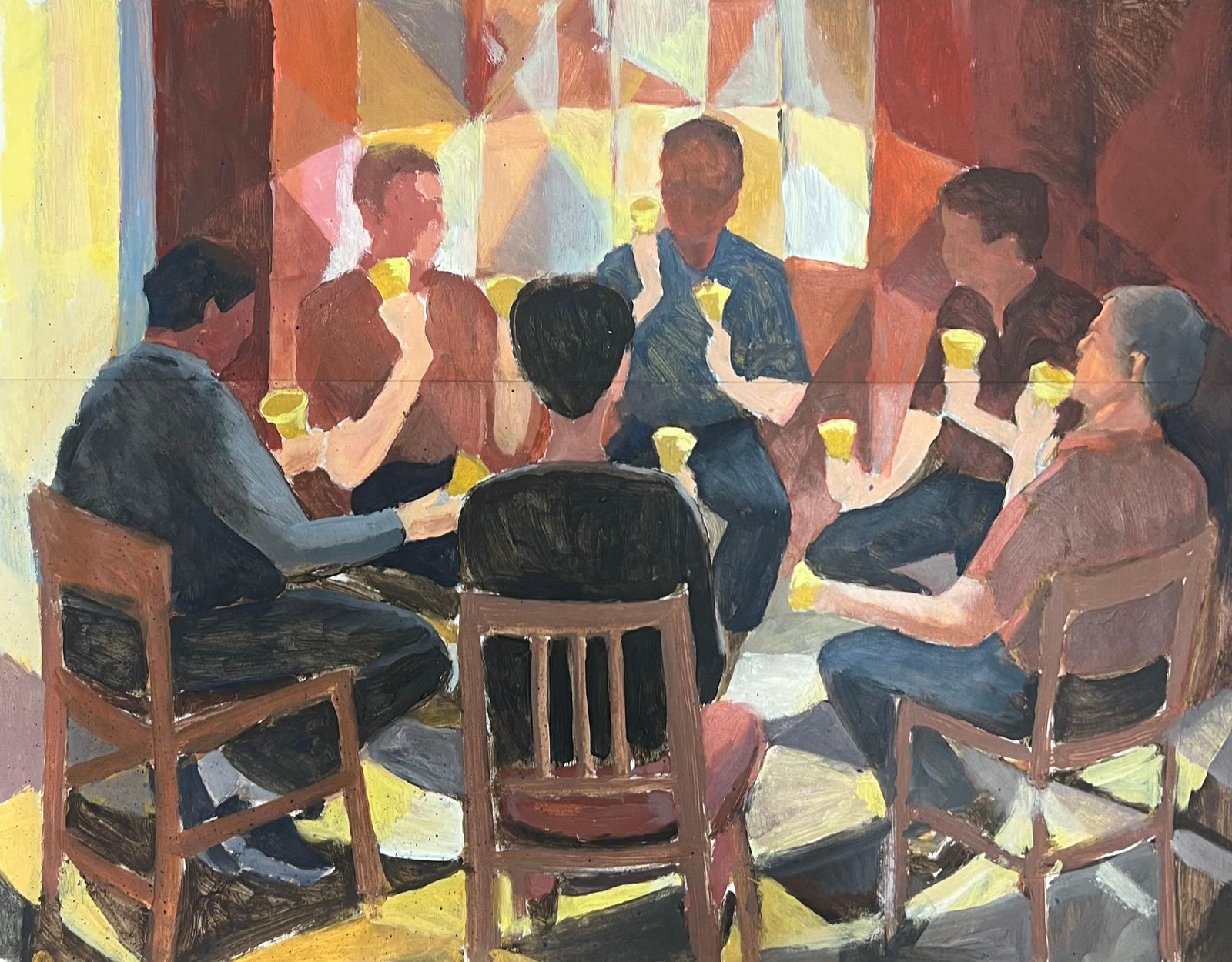 Guy Nicodcircle Of Friends Ringing Bells In Harmony Amidst Geometric Patterns French Oil1952