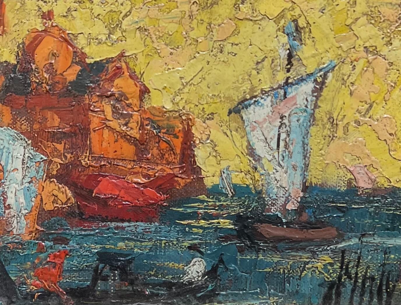 Henry D'antyvibrant Mid 20th Century Modernist Med Seascape Sailboats & Coastal Buildings20th Century photo for sale