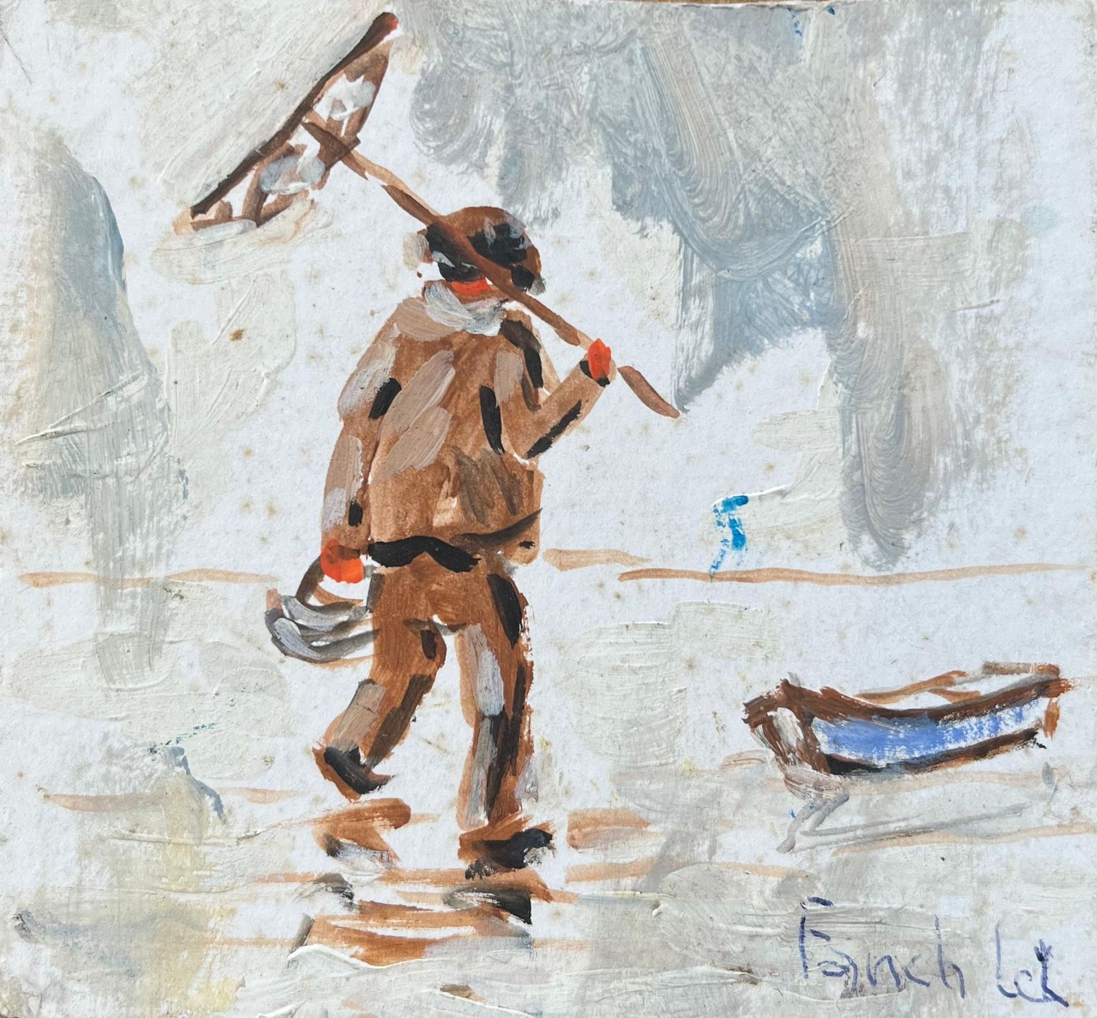 Fanch Lelfrench Impressionist Oil Painting Of A Shrimp Fisherman Striding Along The Shore2009