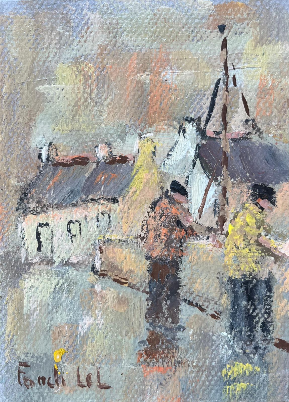Fanch Lelfrench Impressionist Oil Painting Of A Scene Of Two Figures Along A Quiet Harbor2006