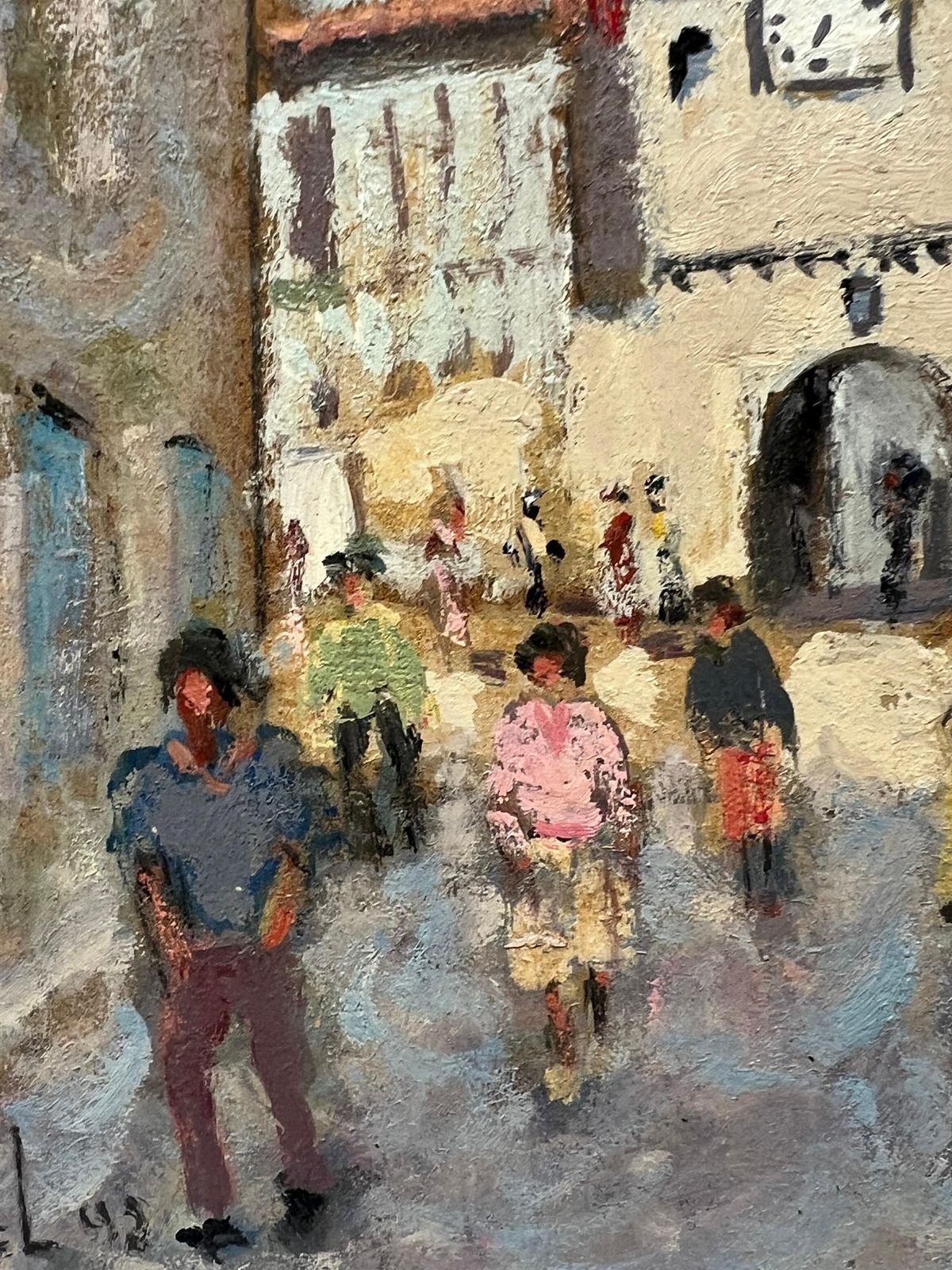 Fanch Lelfigures Strolling Through Cobbled Street Sunlit Village Path French Oil20th Century photo 662.0