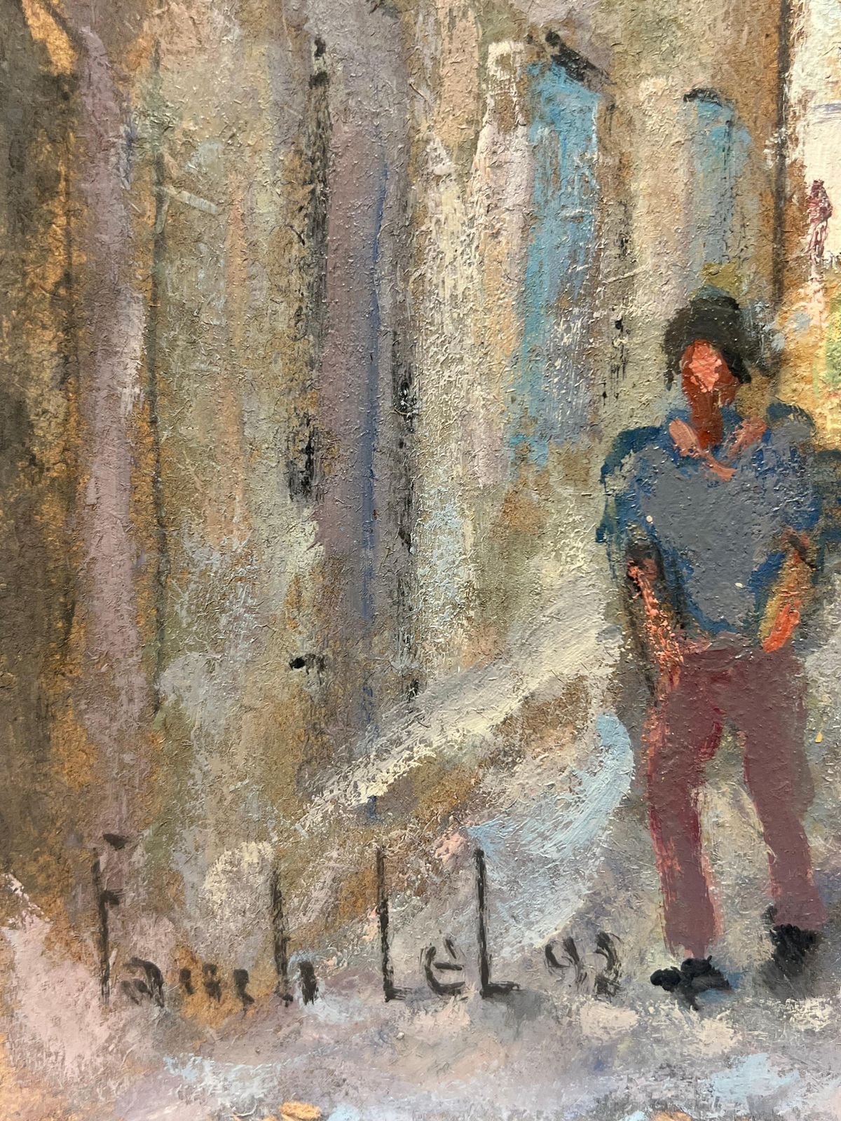 Fanch Lelfigures Strolling Through Cobbled Street Sunlit Village Path French Oil20th Century photo buy