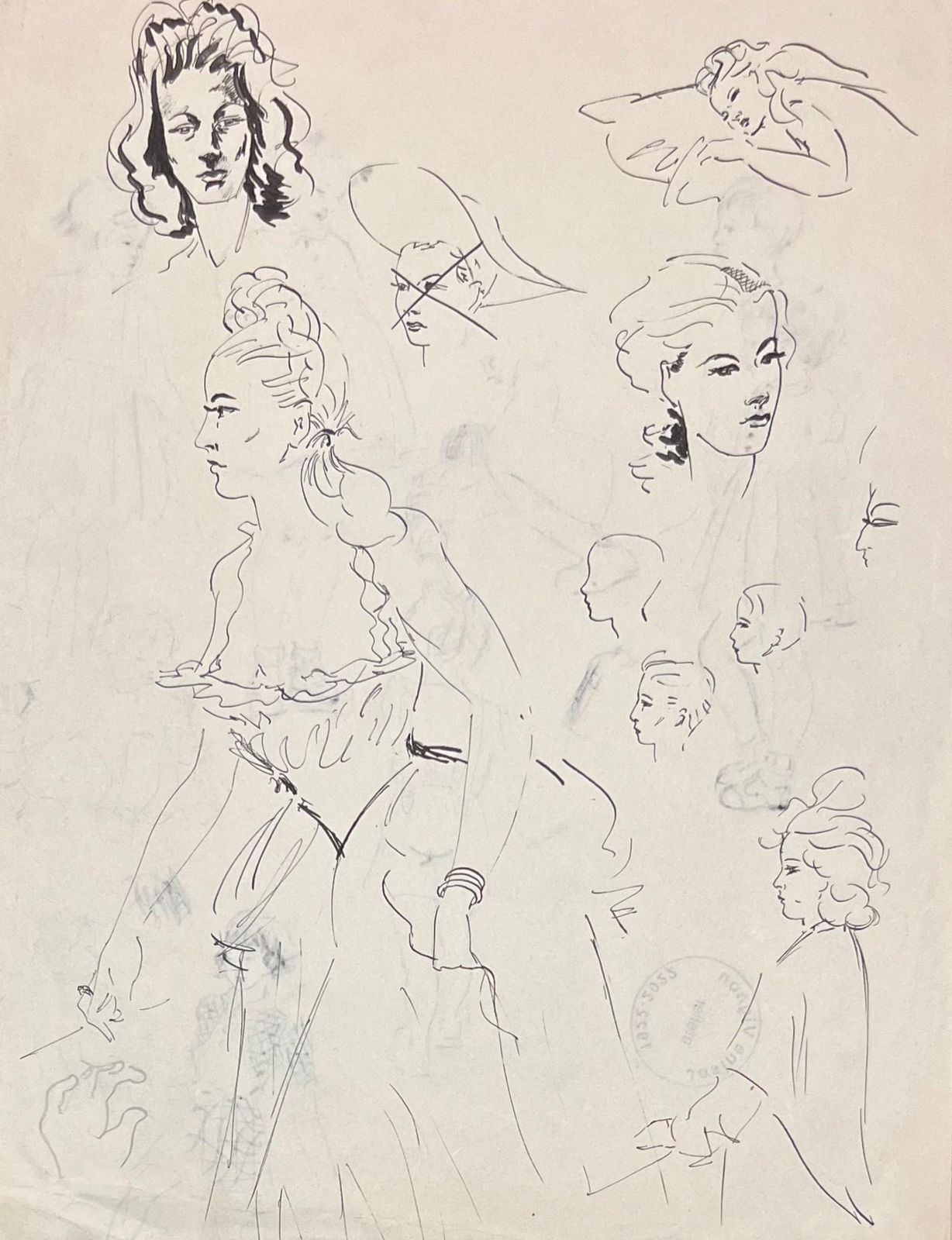 Josine Vignonmid Century French Ink Sketches Of Women In Elegant Attire1950's