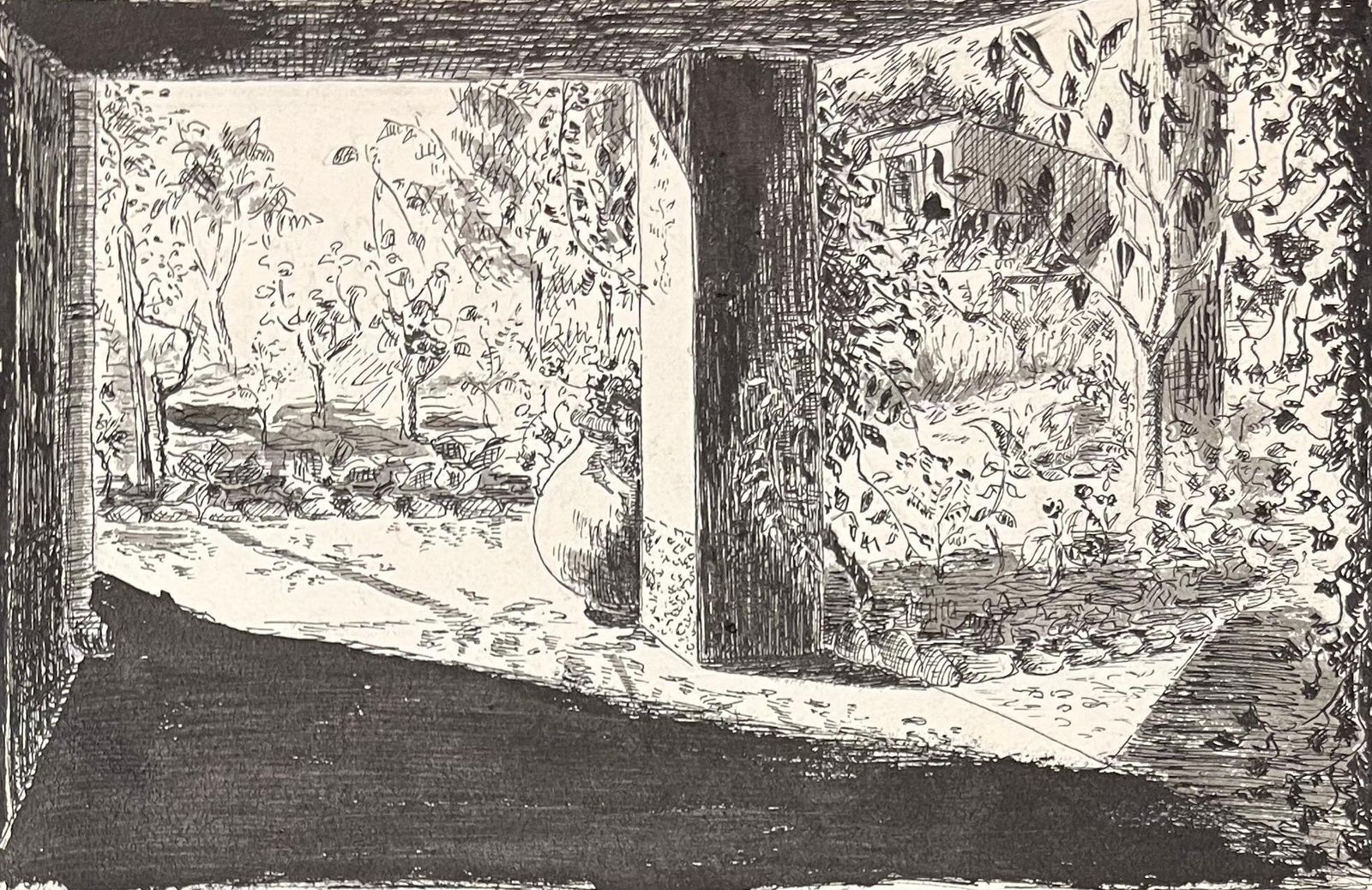 Josine Vignonmid Century French Ink Illustration Of A Shaded Garden View Through A Porch1950's