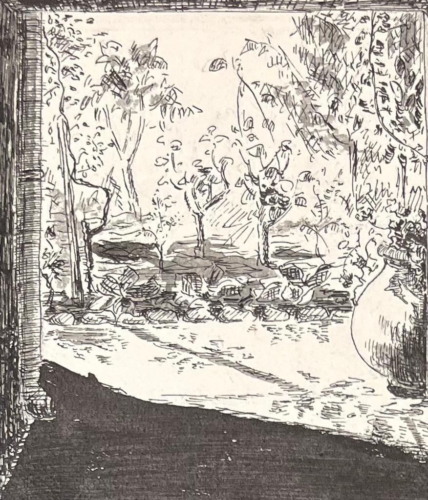 Josine Vignonmid Century French Ink Illustration Of A Shaded Garden View Through A Porch1950's photo Art