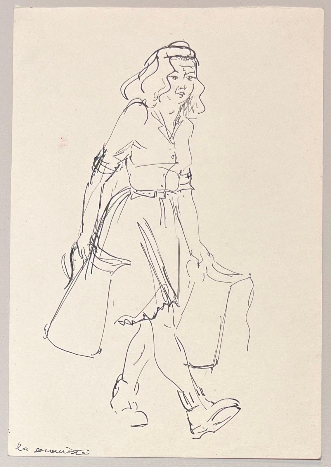 Josine Vignonmid Century French Ink Illustration Of A Woman Carrying A Jug And Bags1950's photo furniture