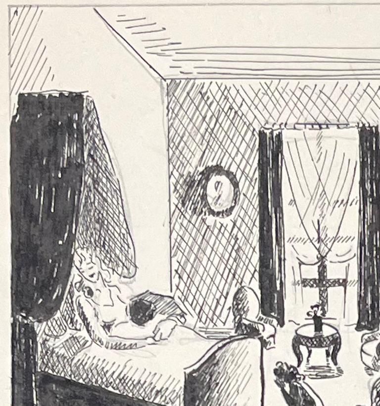 Josine Vignonmid Century French Ink Drawings Of Interior Scene With Woman Resting In Bed1950's photo for sale