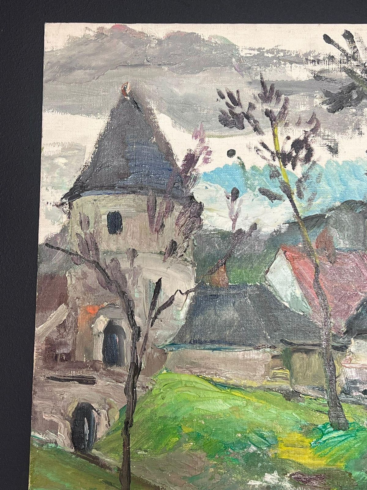 Regine Davidmid 20th Century 1950's French Post Impressionist Oil Old French Town Church1950's photo for sale