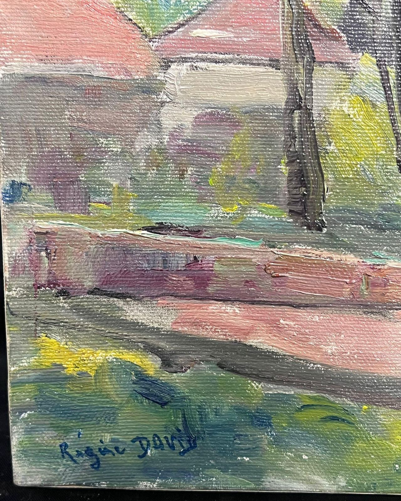 Regine Davidfrench Oil Tranquil Village Corner With Bare Trees And Warm Light1950's photo for sale