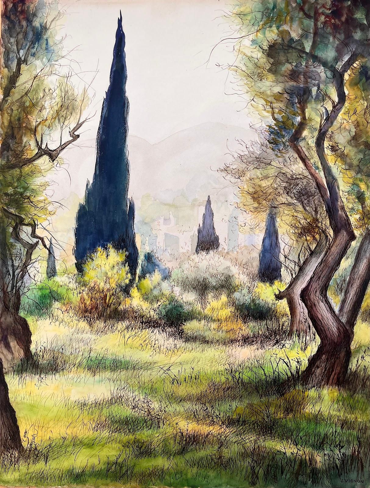 Josine Vignonmid Century French Original Painting Of Cypress Trees In Renoir's Garden1950's photo furniture