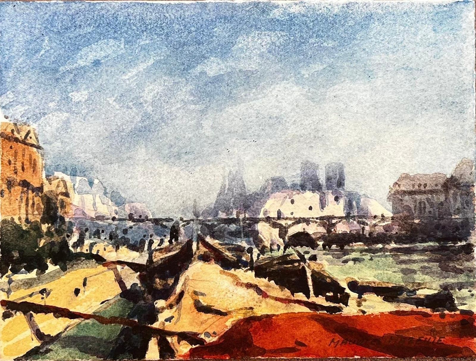 Maurice Mazeilefrench Impressionist Watercolor Landscape Paris City Skyline From River Seine20th Century photo furniture
