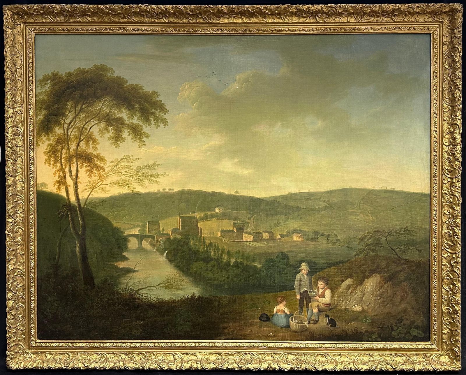 John Pennington (1773 1841) Huge Georgian 1820's English Oil Industrial Landscape With Mills Children Picnicc. 1820's