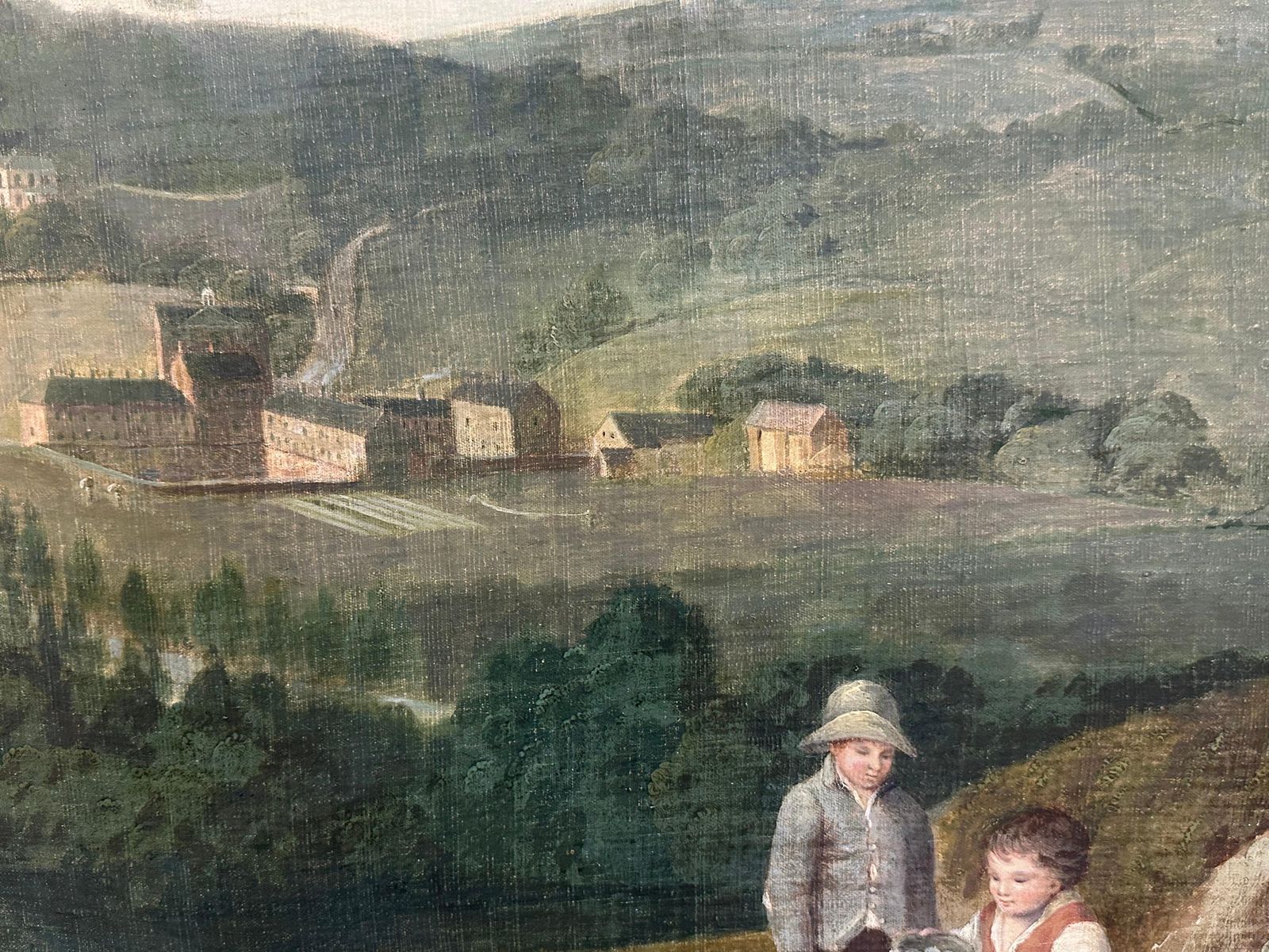 photo buy John Pennington (1773 1841) Huge Georgian 1820's English Oil Industrial Landscape With Mills Children Picnicc. 1820's