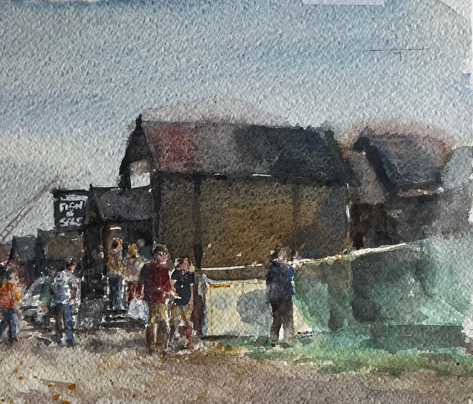 Anthony Herbertsouthwold Harbour Fish Market Scene With Figures And Sheds Original Watercolour photo for sale