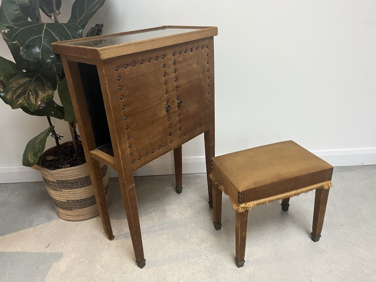 Vintage French Gold Velour & Stud Upholstered Wooden Bedside Cabinet & Footstool