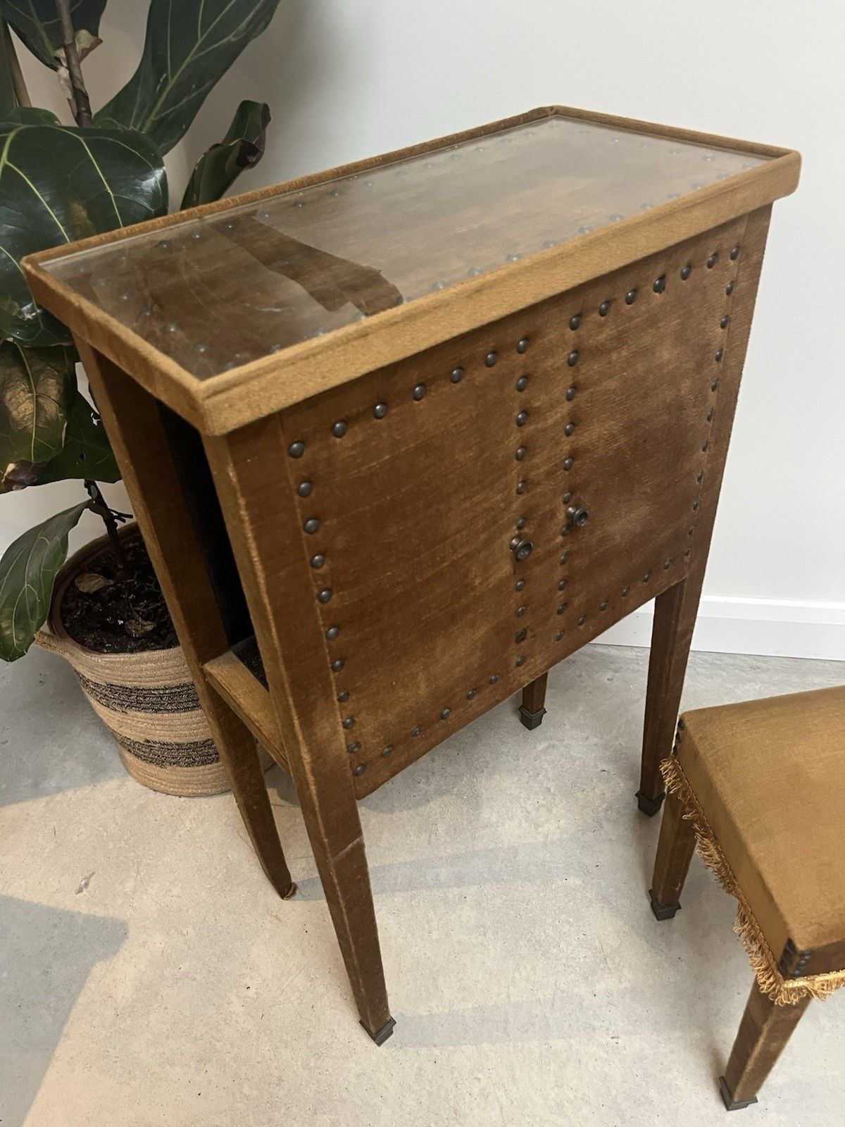 Vintage French Gold Velour & Stud Upholstered Wooden Bedside Cabinet & Footstool photo furniture