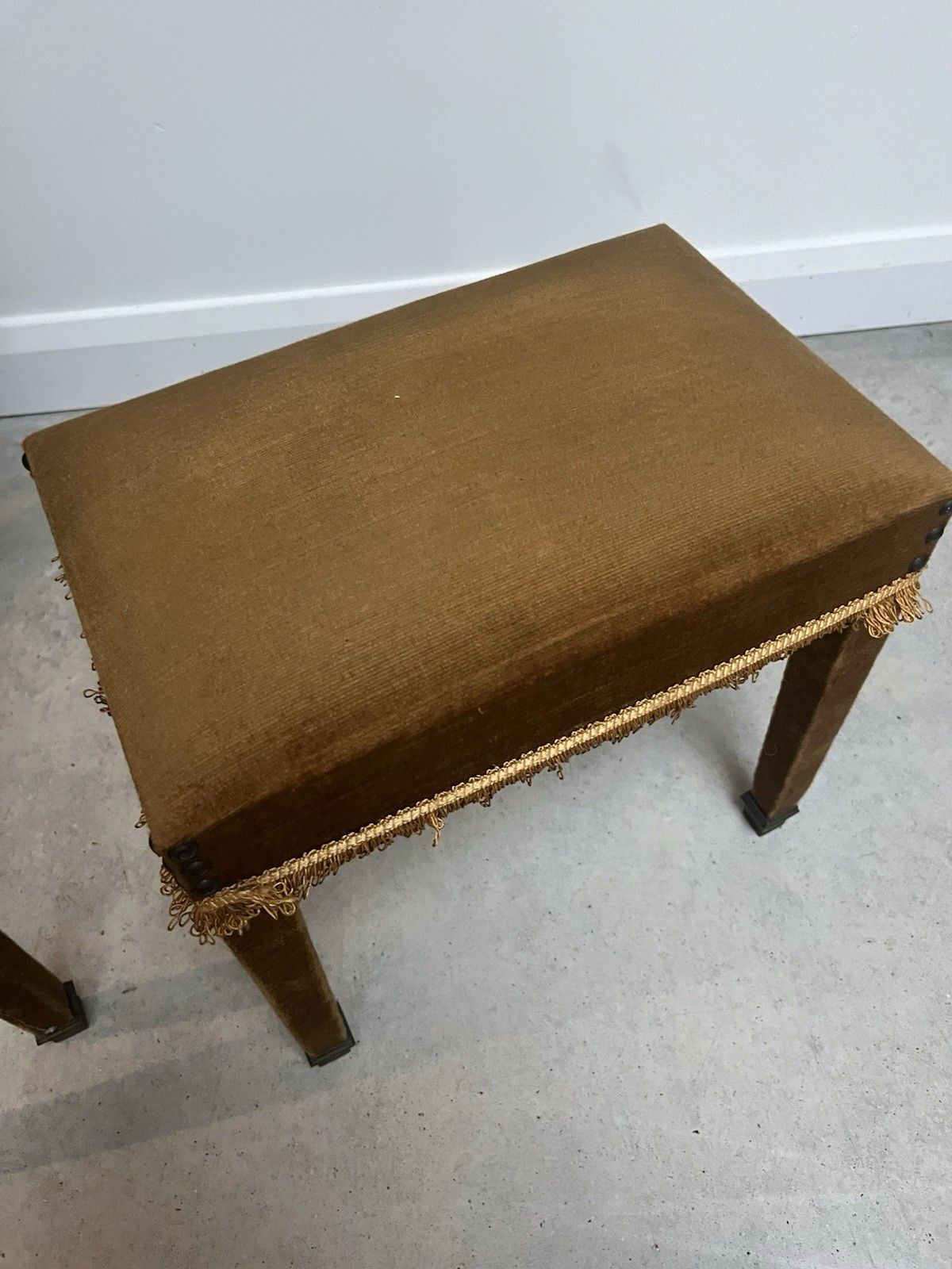 photo for sale Vintage French Gold Velour & Stud Upholstered Wooden Bedside Cabinet & Footstool