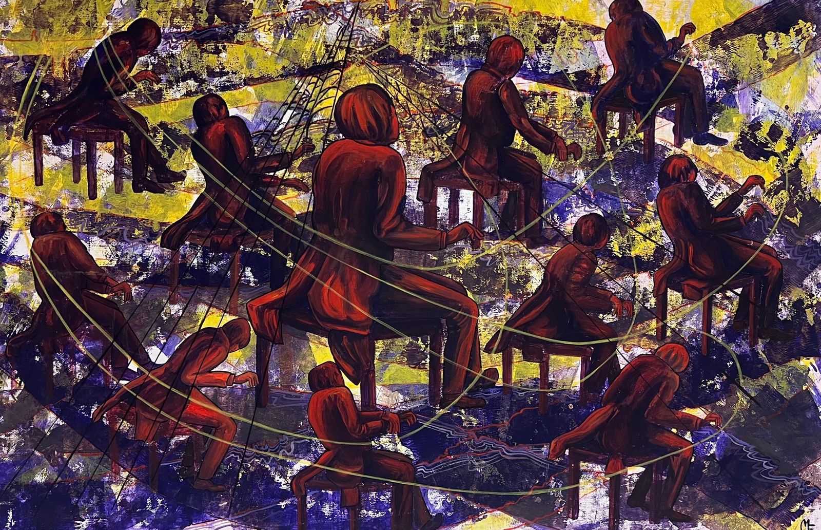 Mary Edwardslarge British 20th Century Abstract Painting The Piano Concert Figurative Work photo furniture