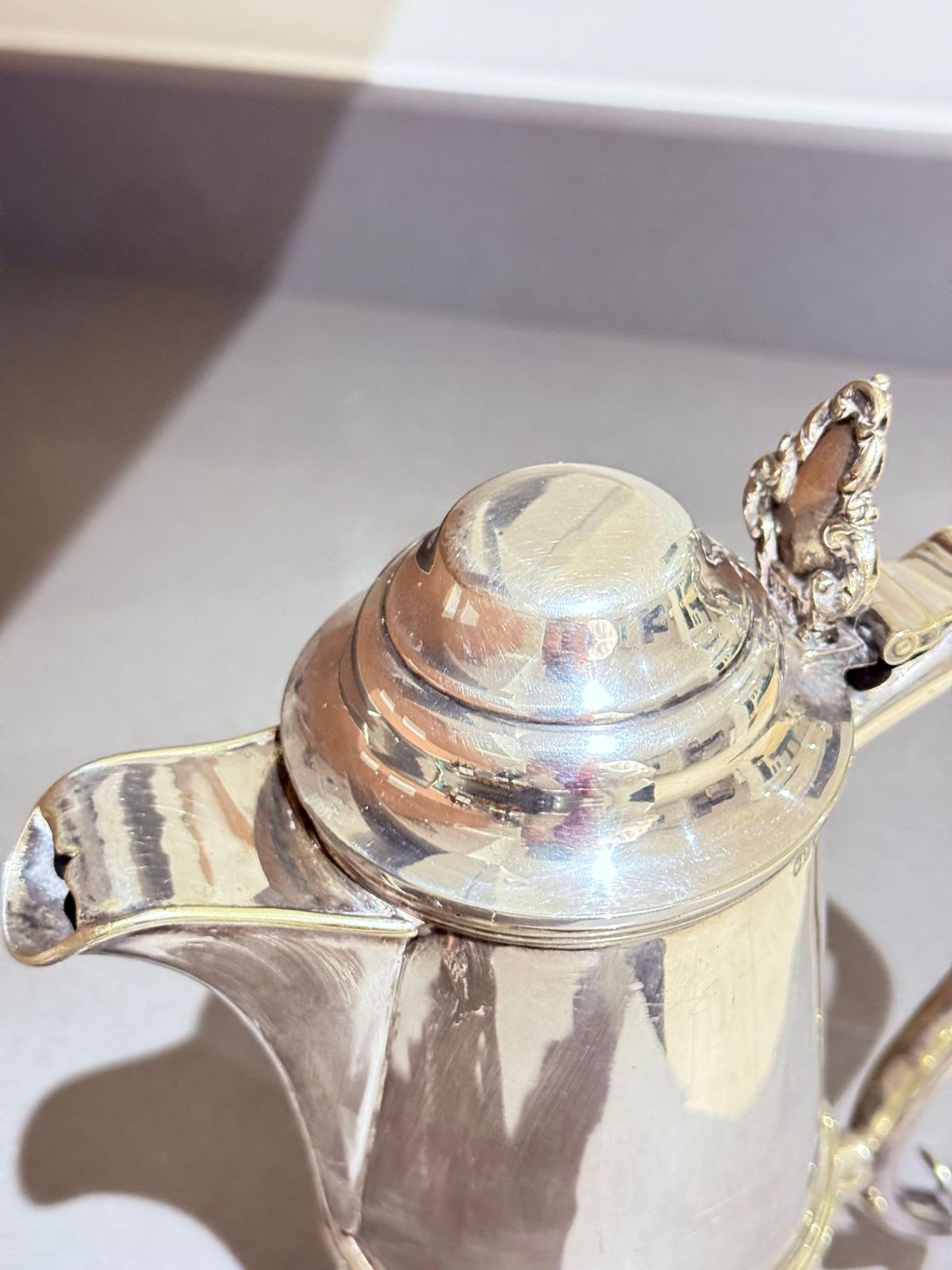 Antique English Silver Plated Coffee Pot With Hinged Lid, Ornate Hot Water Pot photo for sale