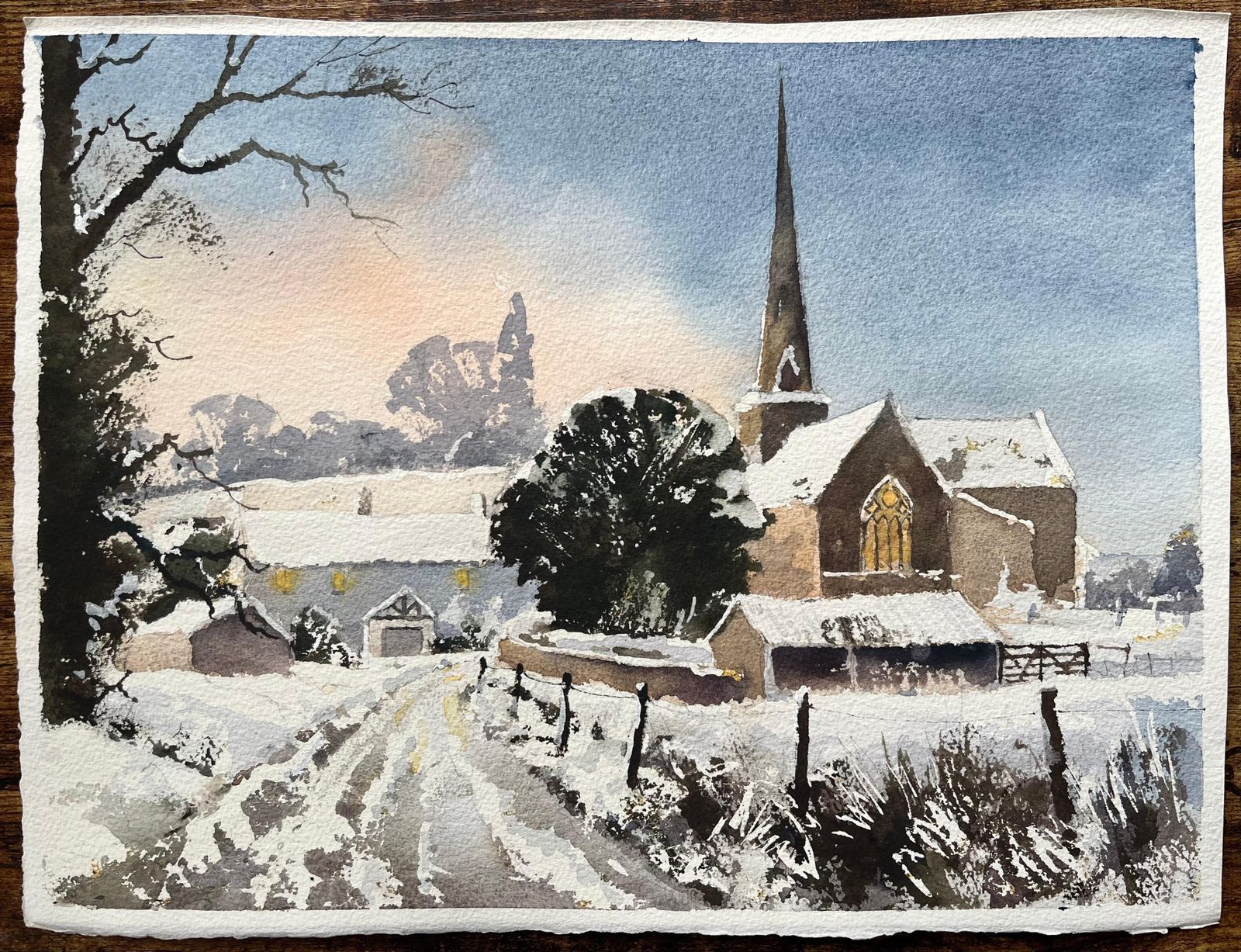 Anthony Averybritish Impressionist Watercolor Of Snow Covered Church At Sunset photo furniture