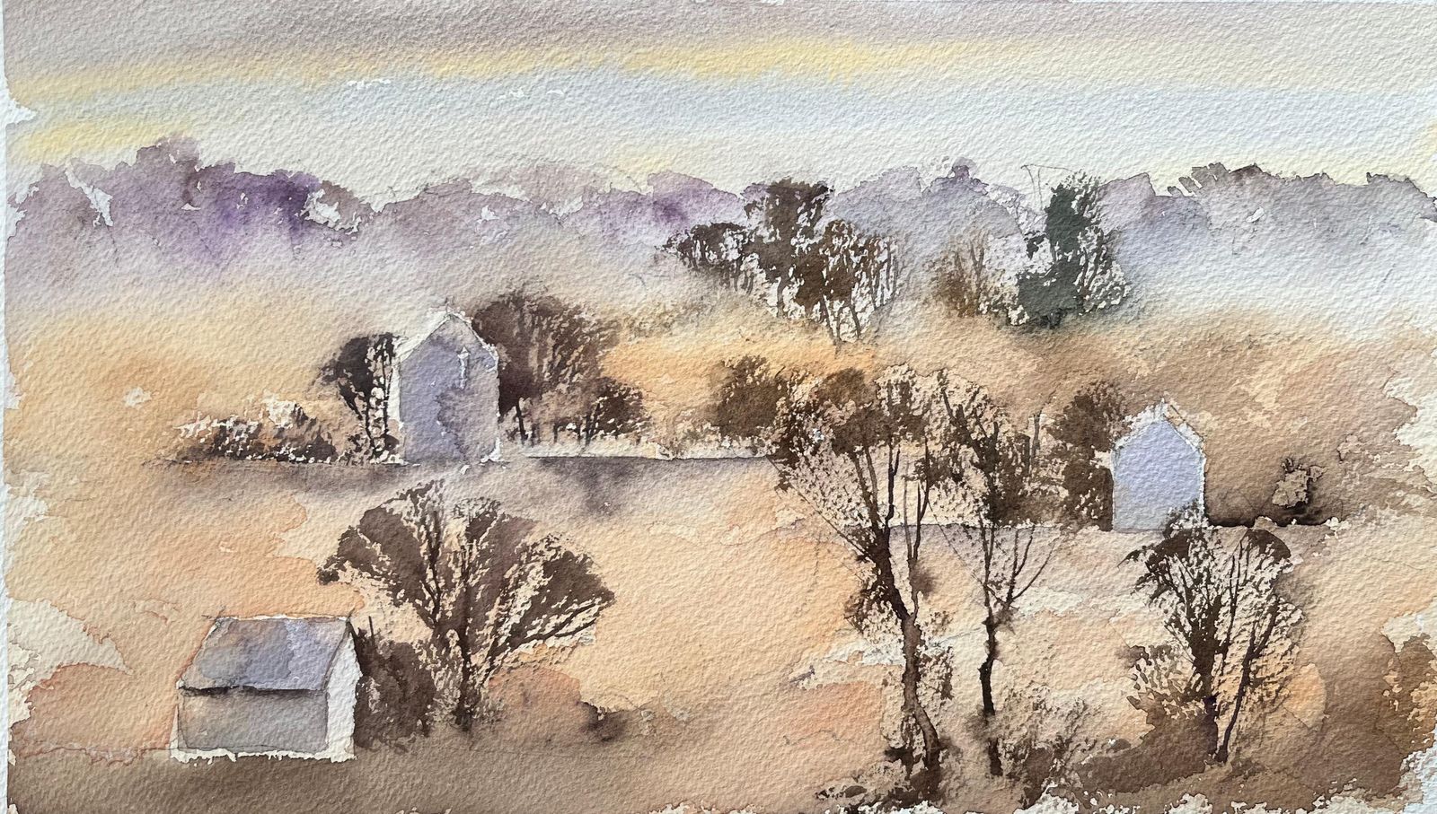 Anthony Avery British Impressionist Watercolor Of Misty Morning Landscape With Distant Houses