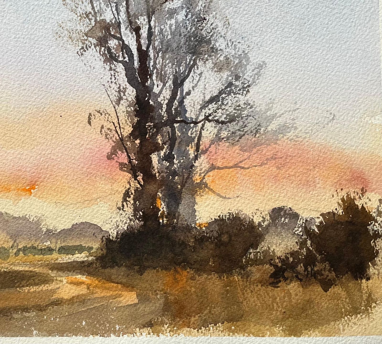 Anthony Avery British Impressionist Watercolor Of A Sunset Landscape With Trees And Signpost photo for sale