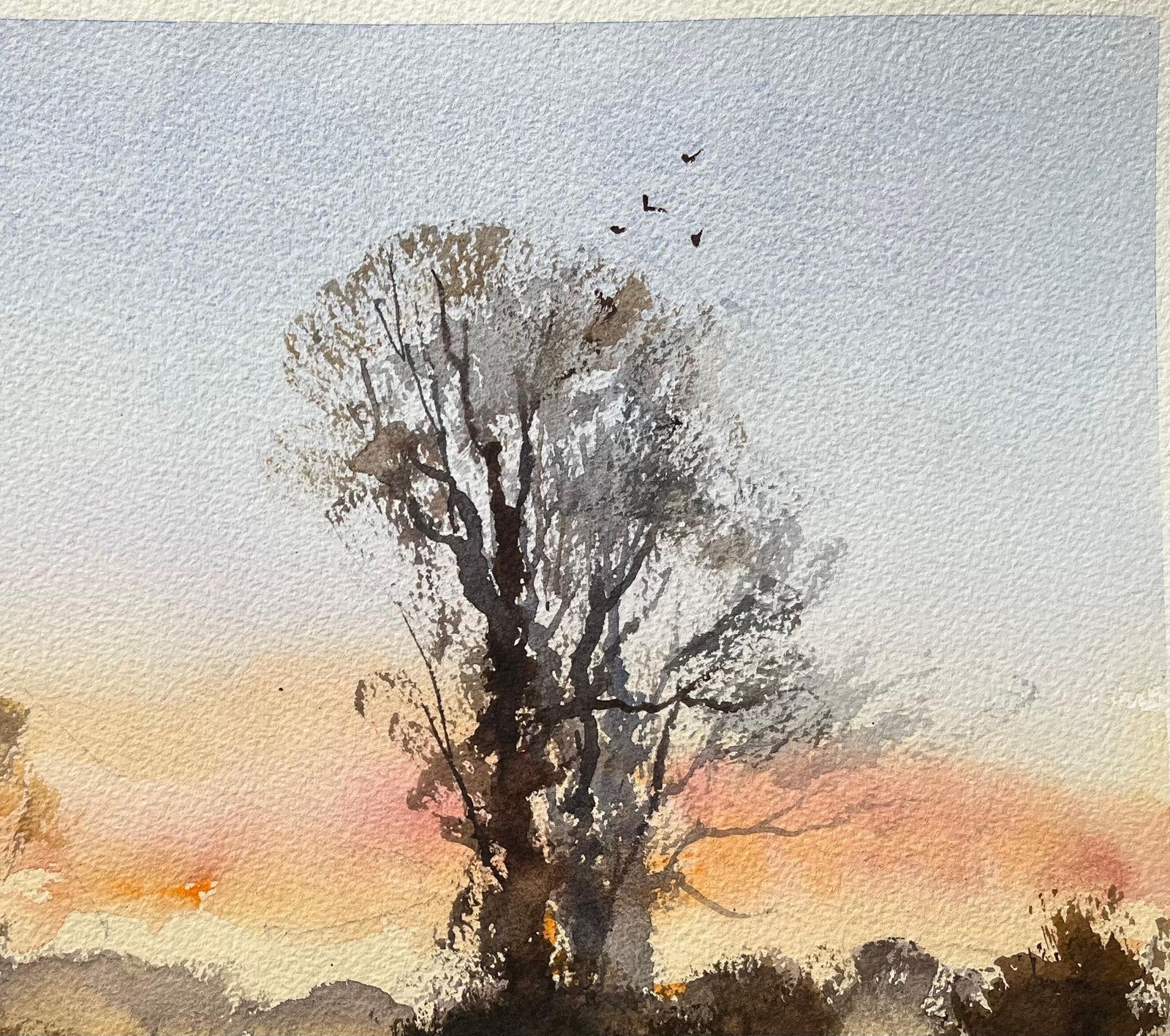 Anthony Avery British Impressionist Watercolor Of A Sunset Landscape With Trees And Signpost photo Art