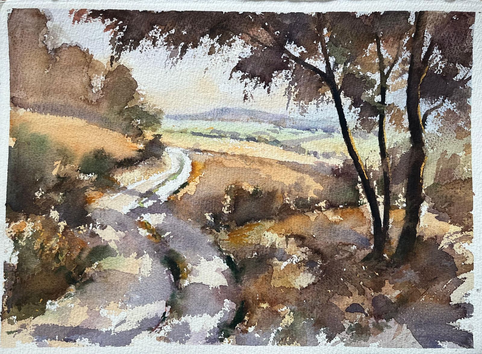 Anthony Avery British Impressionist Watercolor Of A Tranquil Country Lane With Rolling Hills