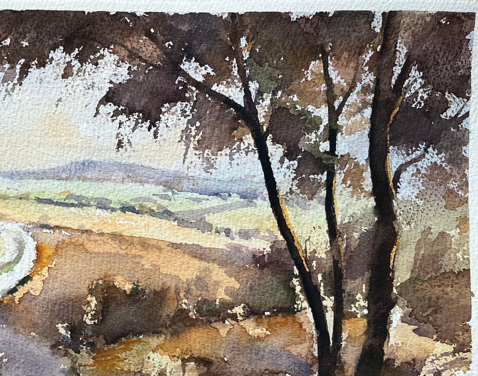 Anthony Avery British Impressionist Watercolor Of A Tranquil Country Lane With Rolling Hills photo vinterior