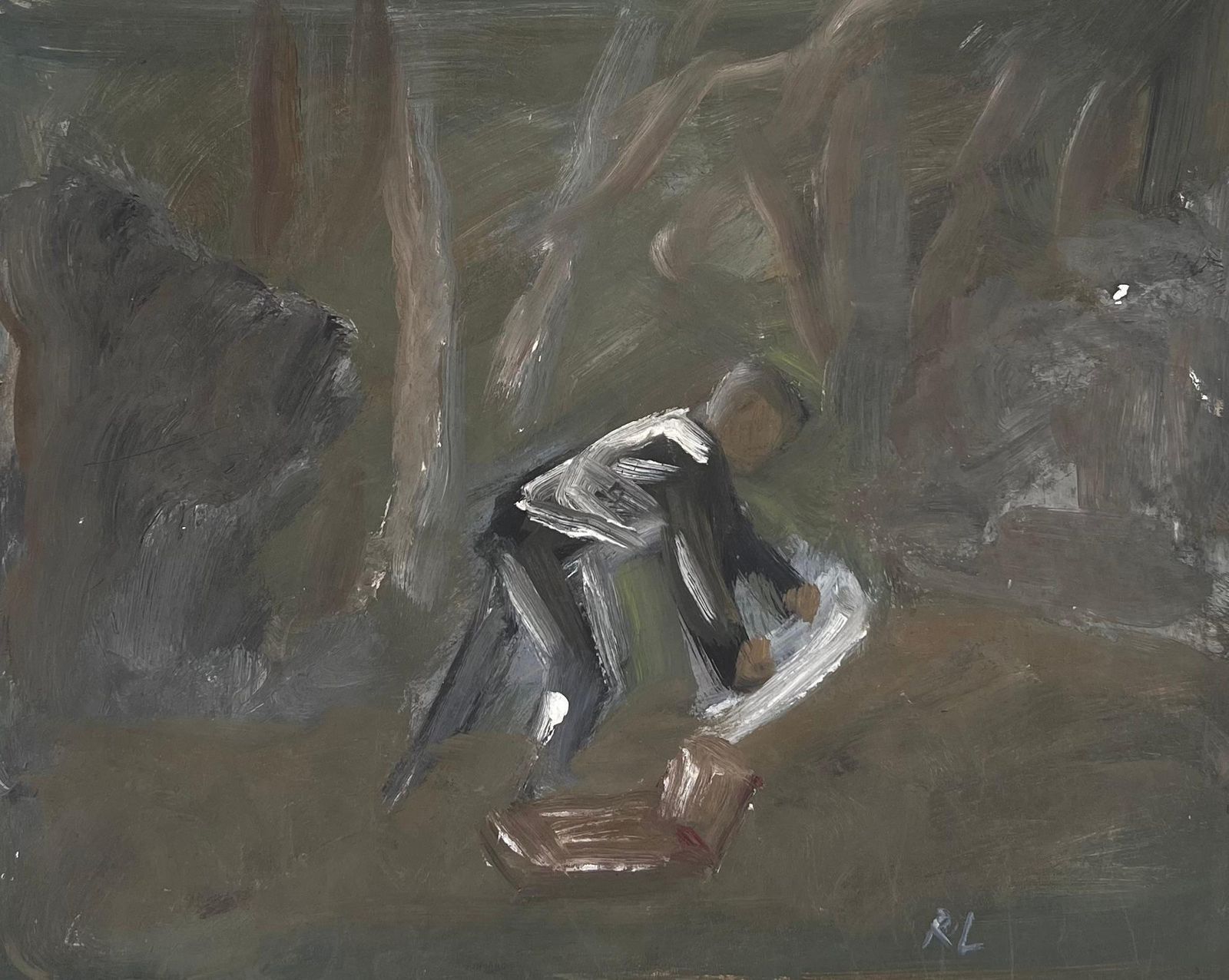 Robert Ladou Figure In The Woods Laying Down His Picnic Blanket Original French Artwork 20th Century