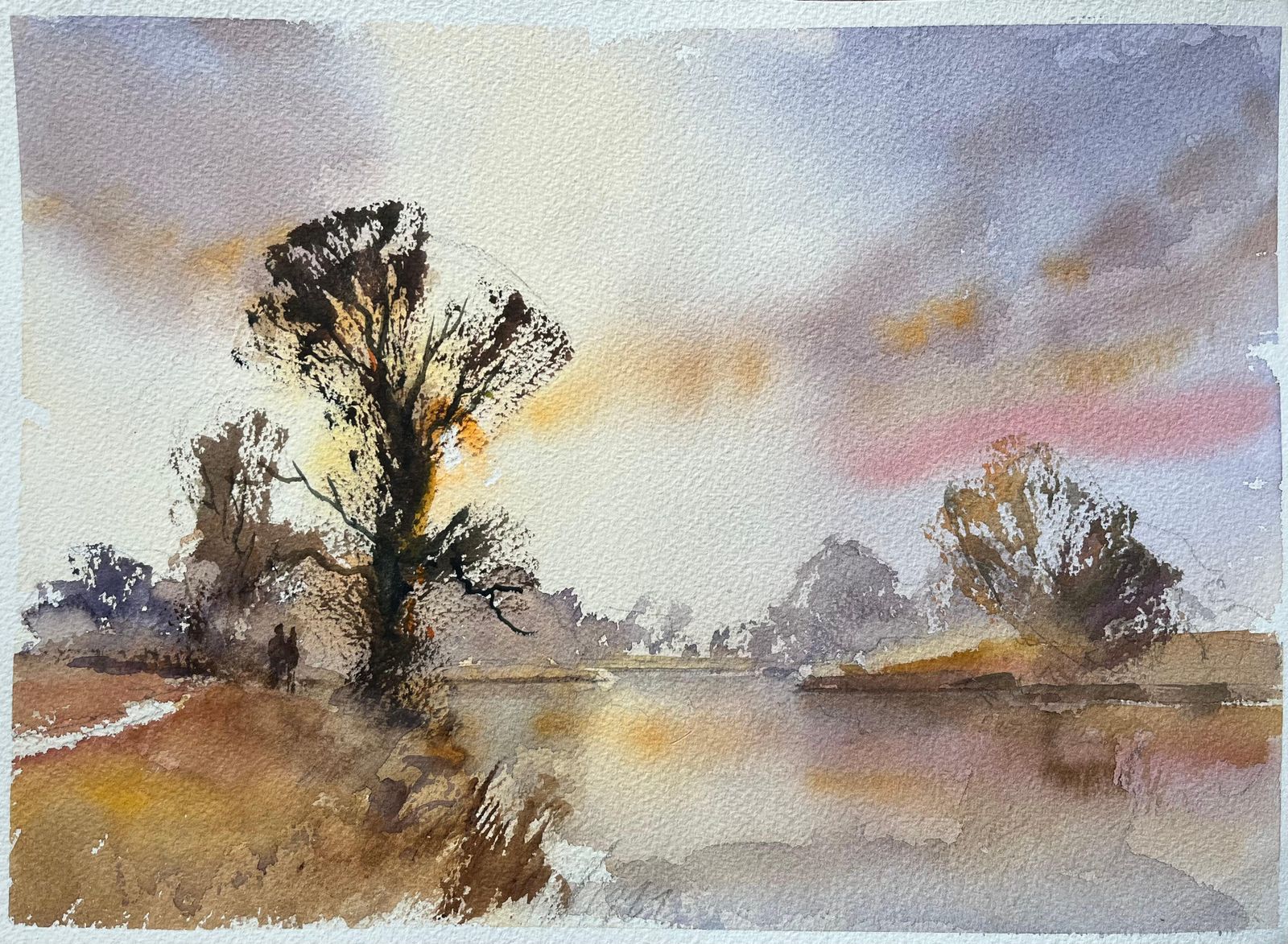 Anthony Avery British Impressionist Watercolor Of A Tranquil River At Sunset With Figures