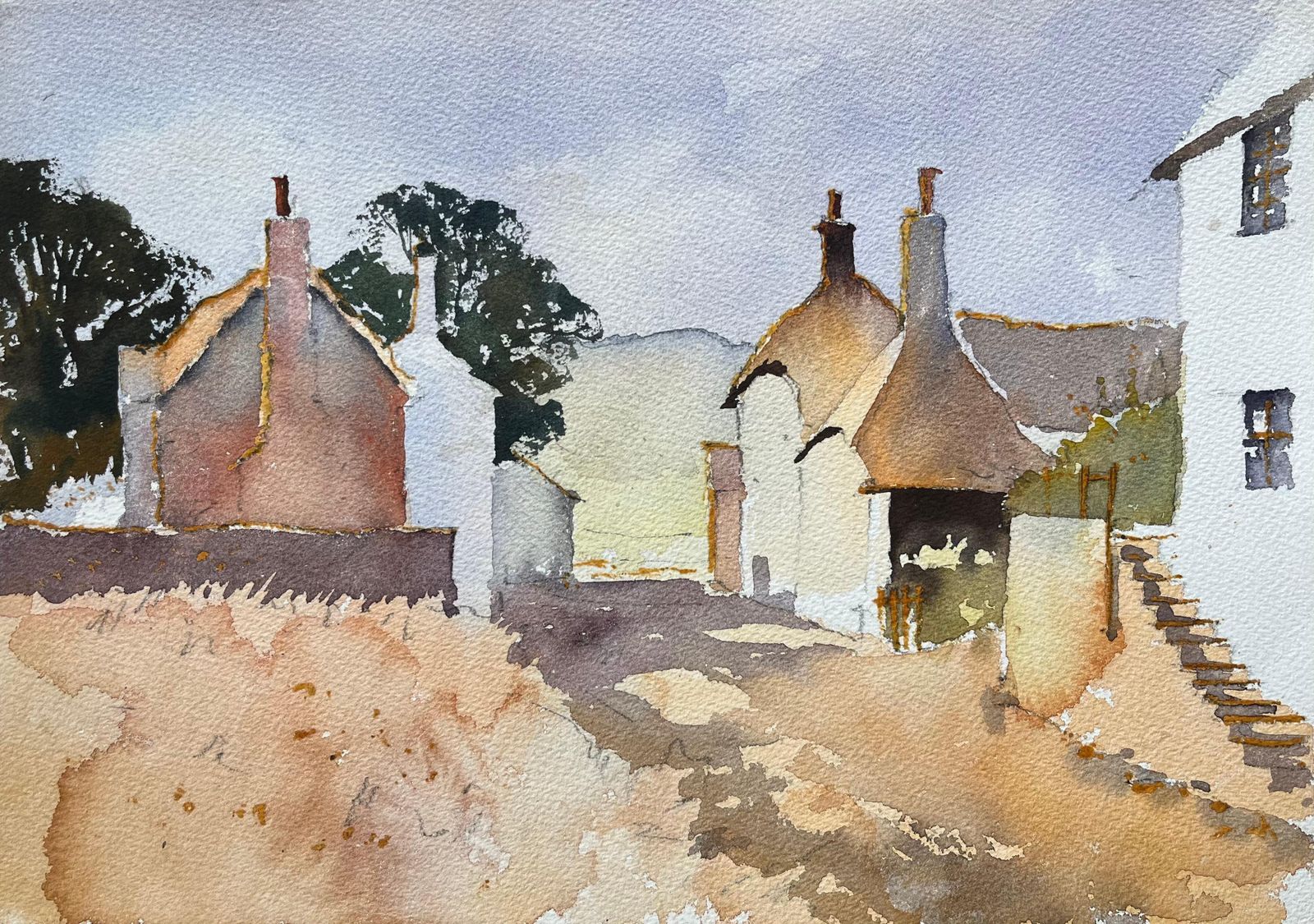 Anthony Avery British Impressionist Watercolor Of A Village Lane With Cottages