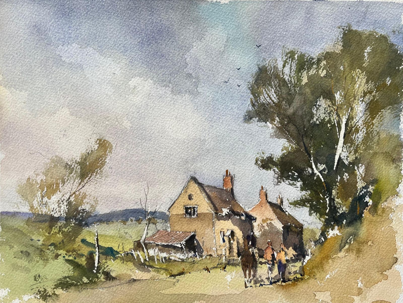 Anthony Avery British Impressionist Watercolor Of Rural Farmstead And Horse Riders
