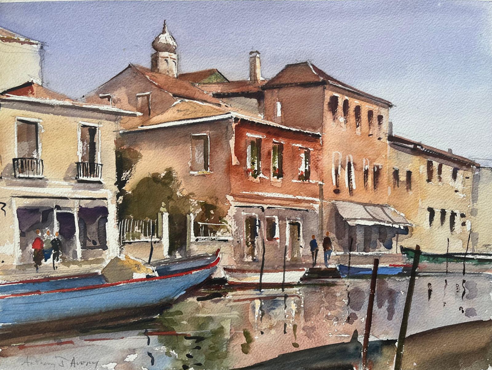 Anthony Avery British Impressionist Watercolor Of Venetian Canal Scene With Colourful Facades