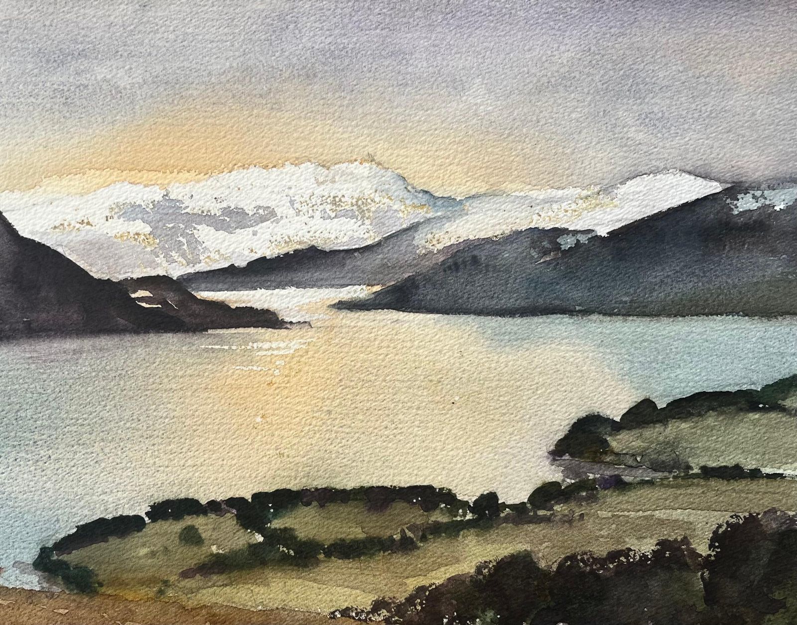 Anthony Avery British Impressionist Watercolor Of Serene Lake With Mountains And Sunset photo Art