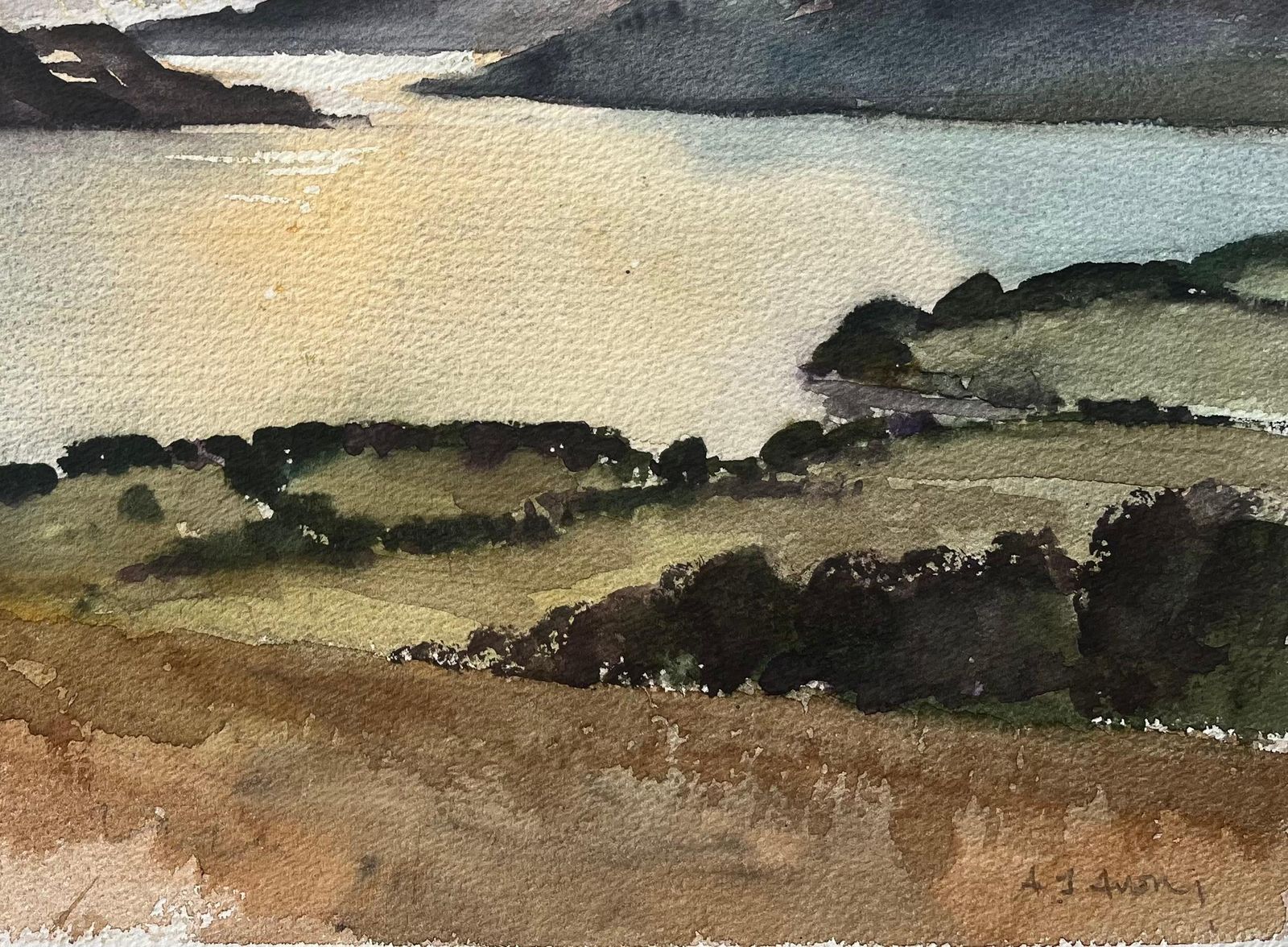 Anthony Avery British Impressionist Watercolor Of Serene Lake With Mountains And Sunset photo vinterior