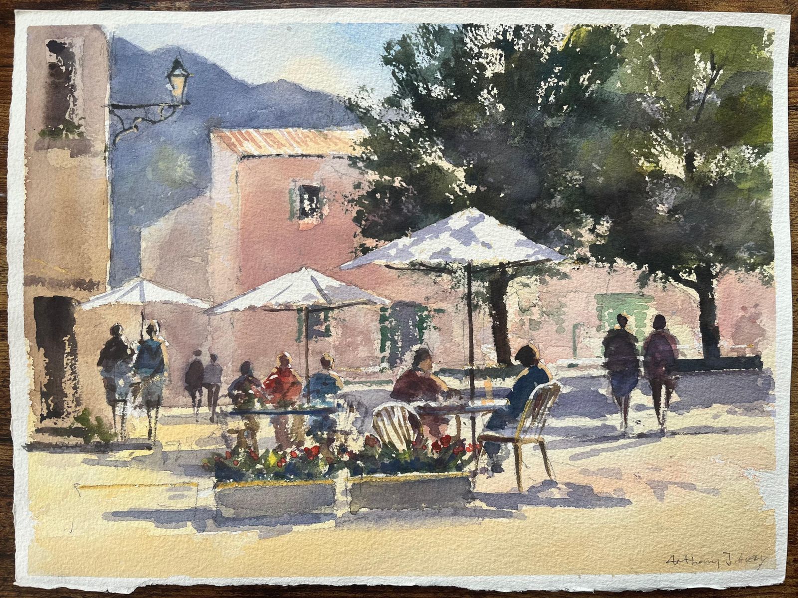 Anthony Avery British Impressionist Watercolor Of A Sunlit European Café Scene photo furniture