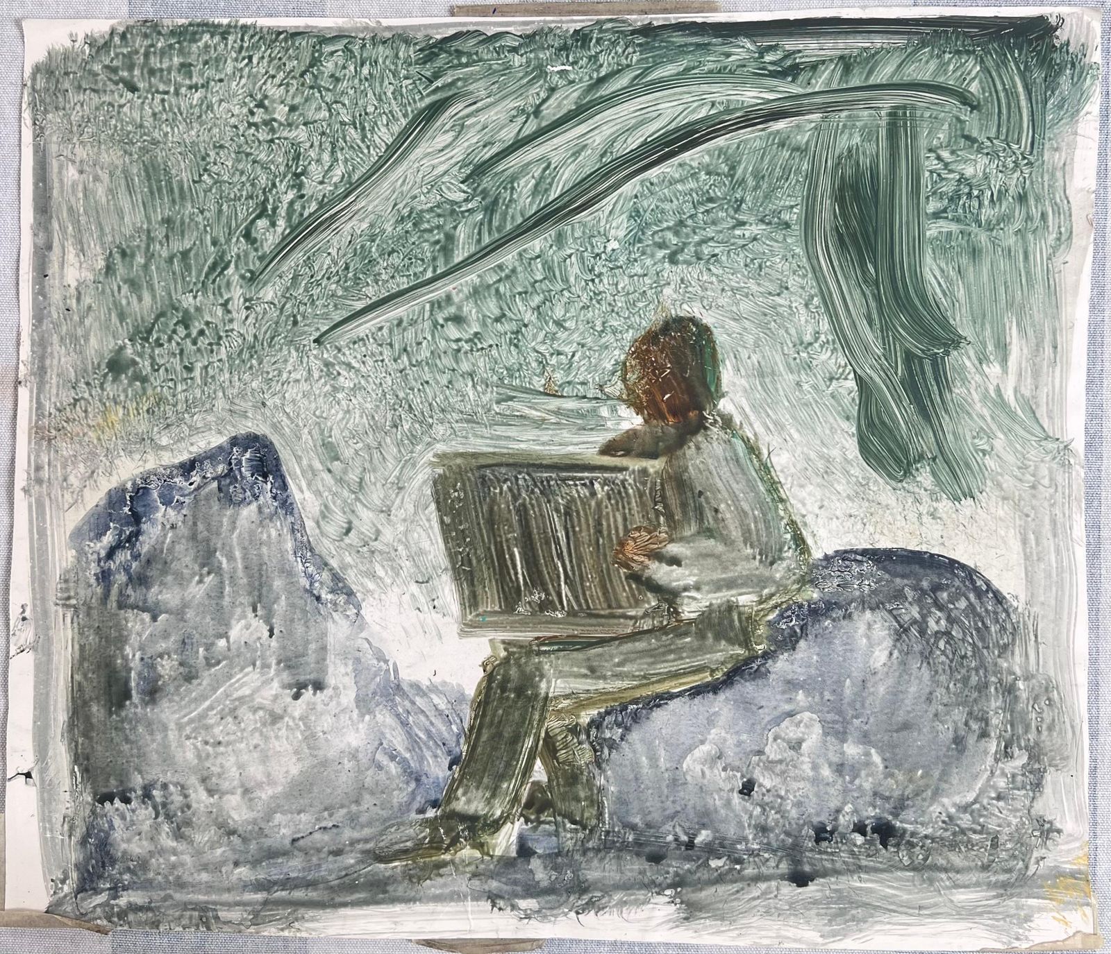 Robert Ladou Figure Holding A Box Sat On The Mountain Rocks Original French Artwork 20th Century photo furniture