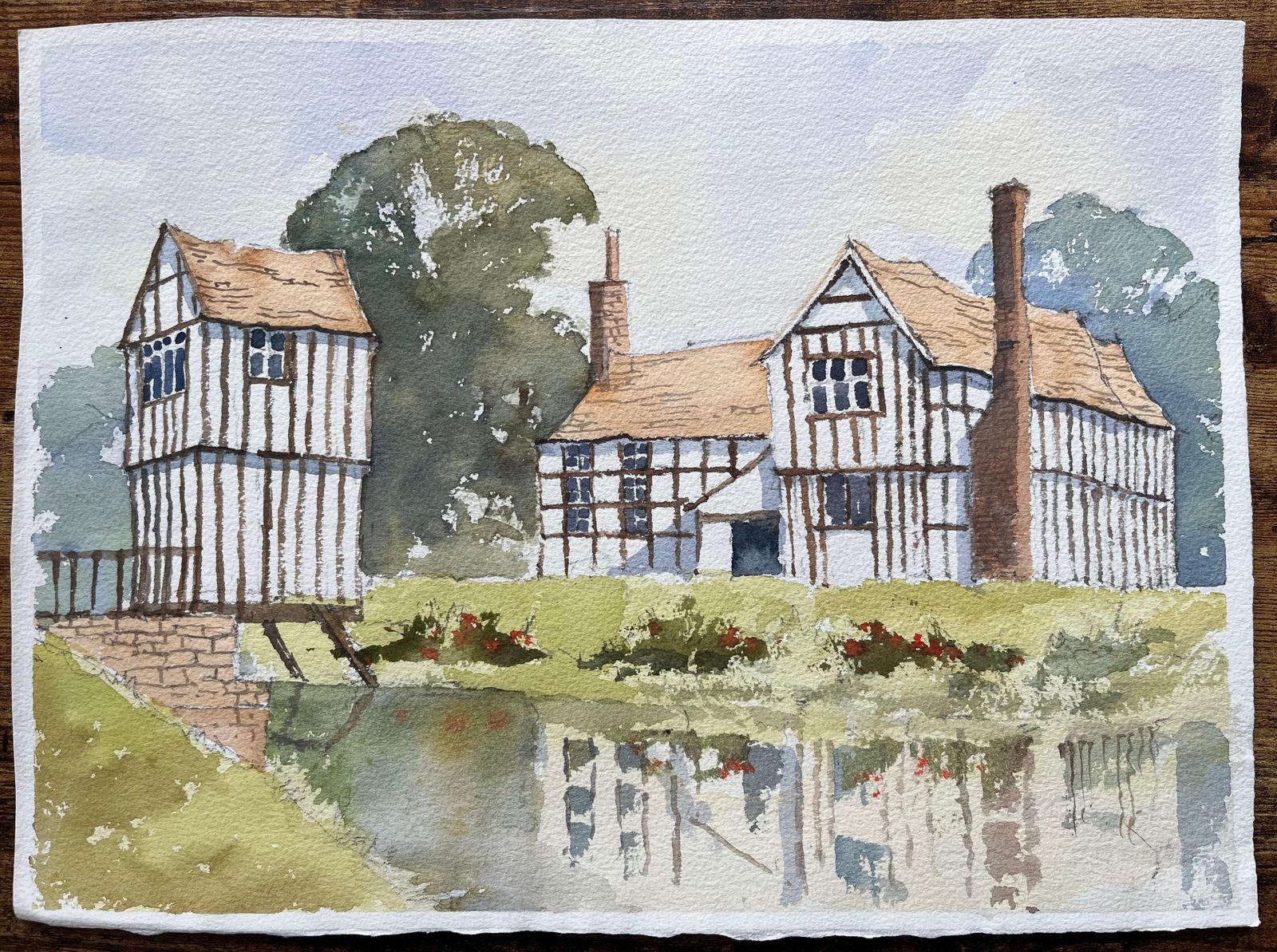British Impressionist Watercolor Of A Tudor Style Manor By A Tranquil Pond photo furniture