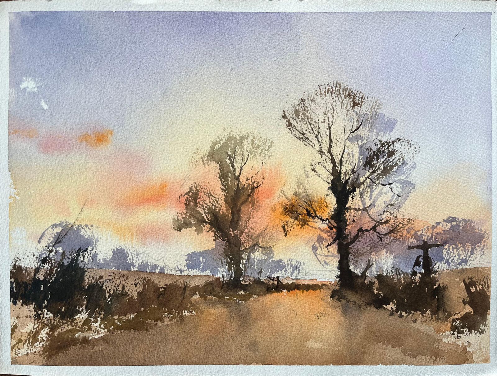 Anthony Avery British Watercolor Of Country Road At Sunset