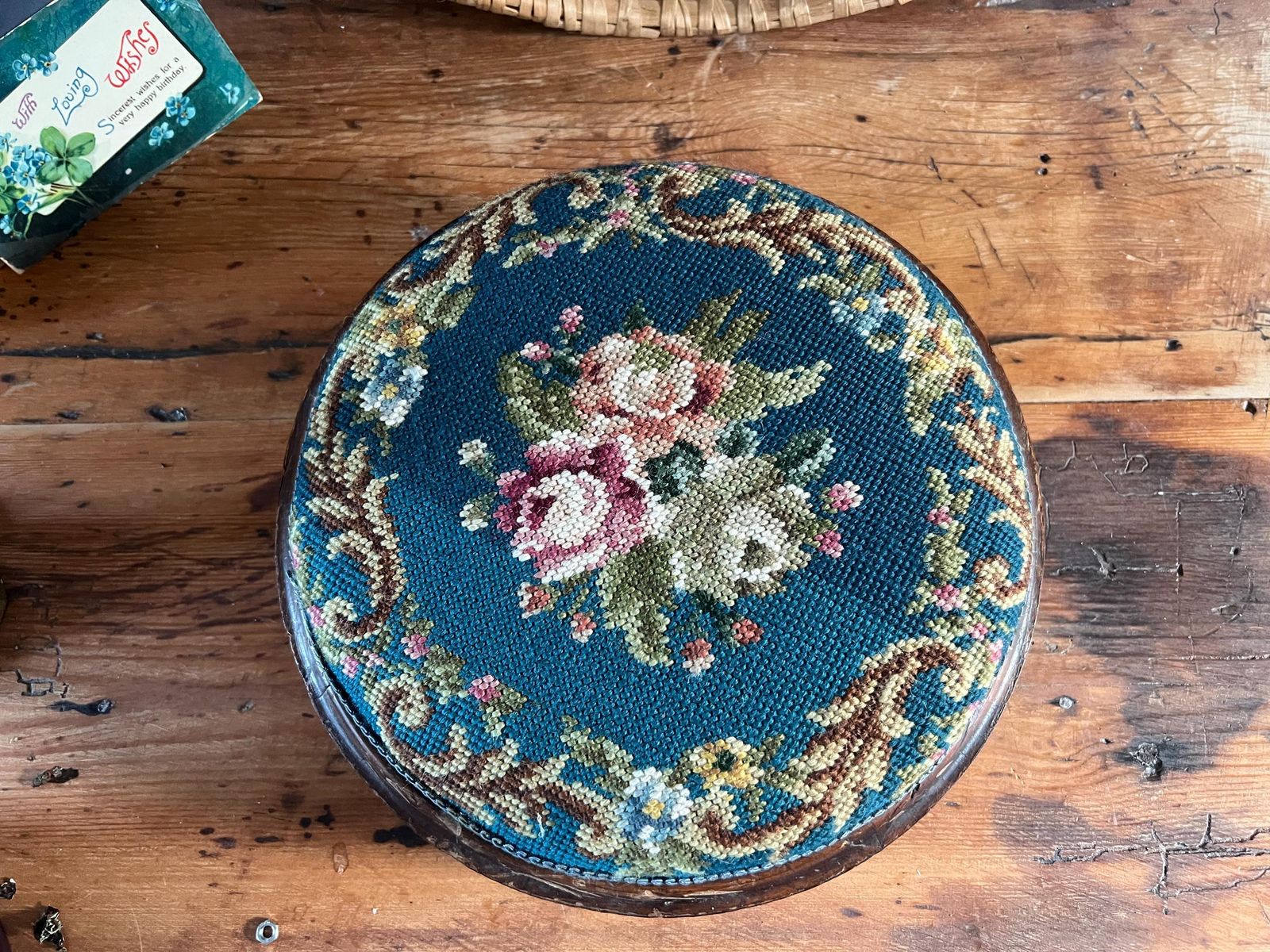 Antique Victorian Needlepoint Footstool With Tunbridge Ware Inlay Detail | Micro Mosaic Geometric Wood | Brass Ball Feet Stool | Patina Blue photo Furniture