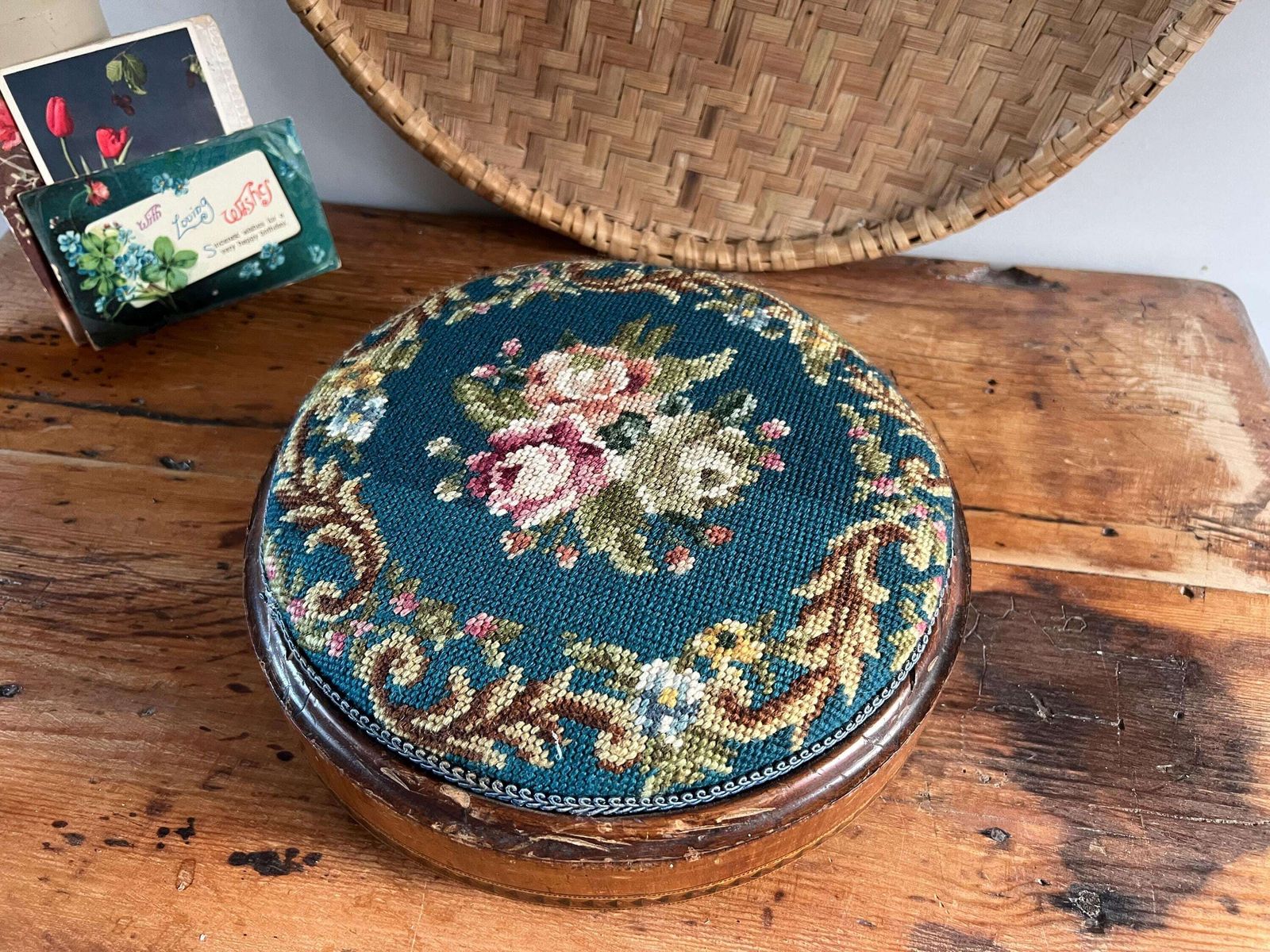 photo for sale Antique Victorian Needlepoint Footstool With Tunbridge Ware Inlay Detail | Micro Mosaic Geometric Wood | Brass Ball Feet Stool | Patina Blue