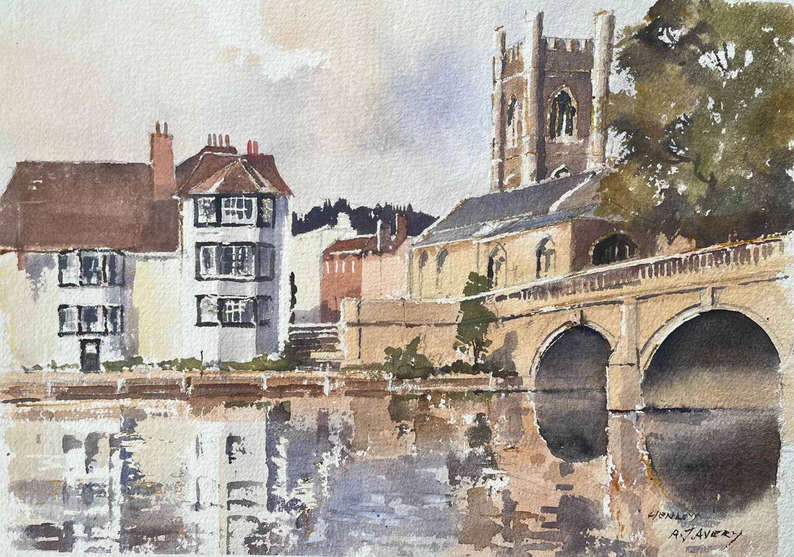 Anthony Avery British Impressionist Watercolor Of Riverside Buildings, A Church And Bridge