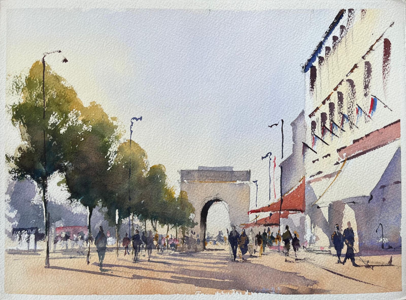 Anthony Avery British Watercolor Of Figures Walking Down Boulevard Near Arc De Triomphe, Paris