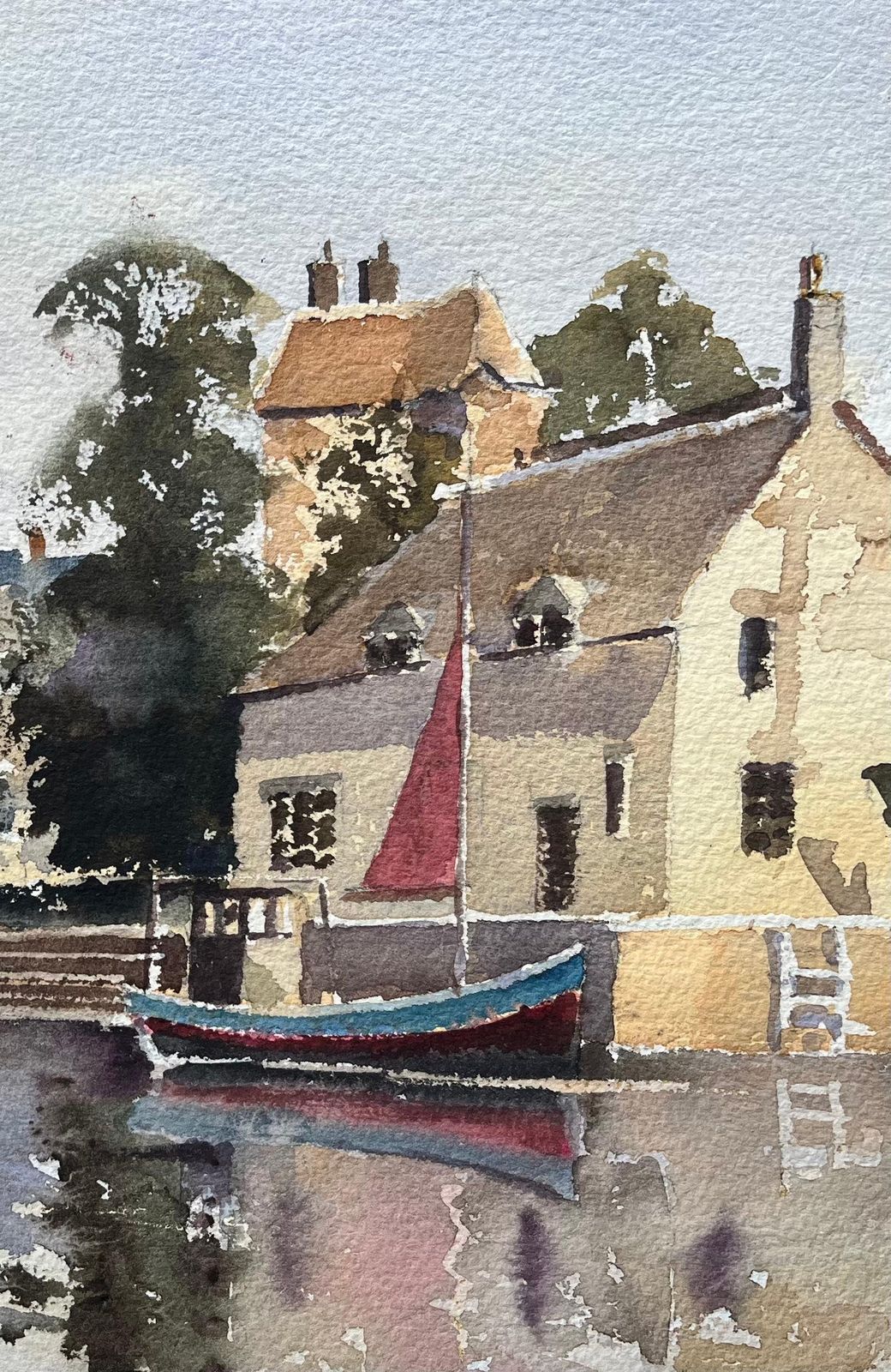 Anthony Avery British Impressionist Watercolor Of Riverside Town With Boats And Market Stalls photo Art