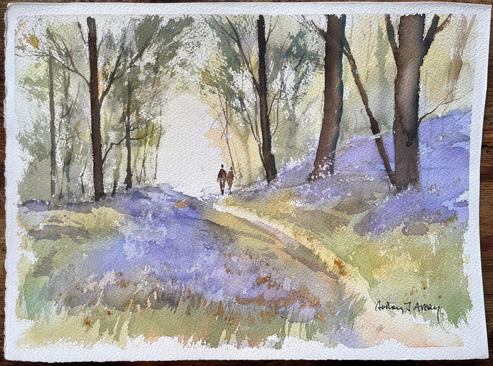 Anthony Avery British Impressionist Watercolor Of A Woodland Walk Among Bluebells photo furniture